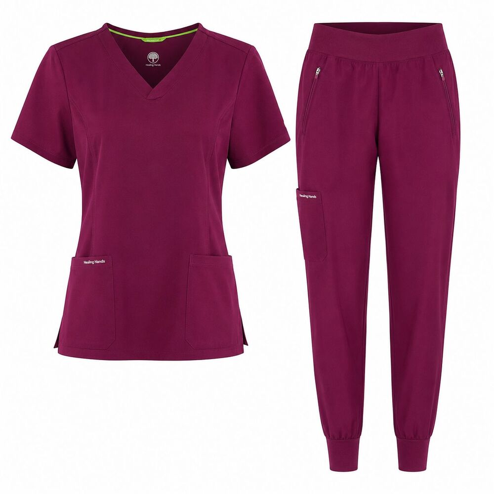 Healing Hands Scrubs Womens Medium Purple Label Tara Pant & Monica Top Burgundy